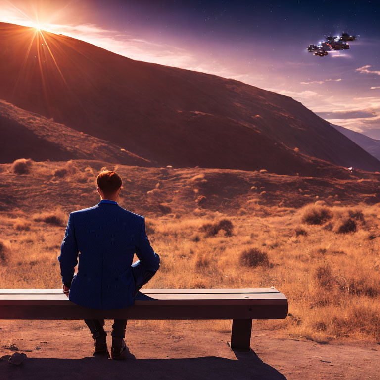 Man in Blue Suit Watching Sunset with Drones Flying over Scenic Landscape