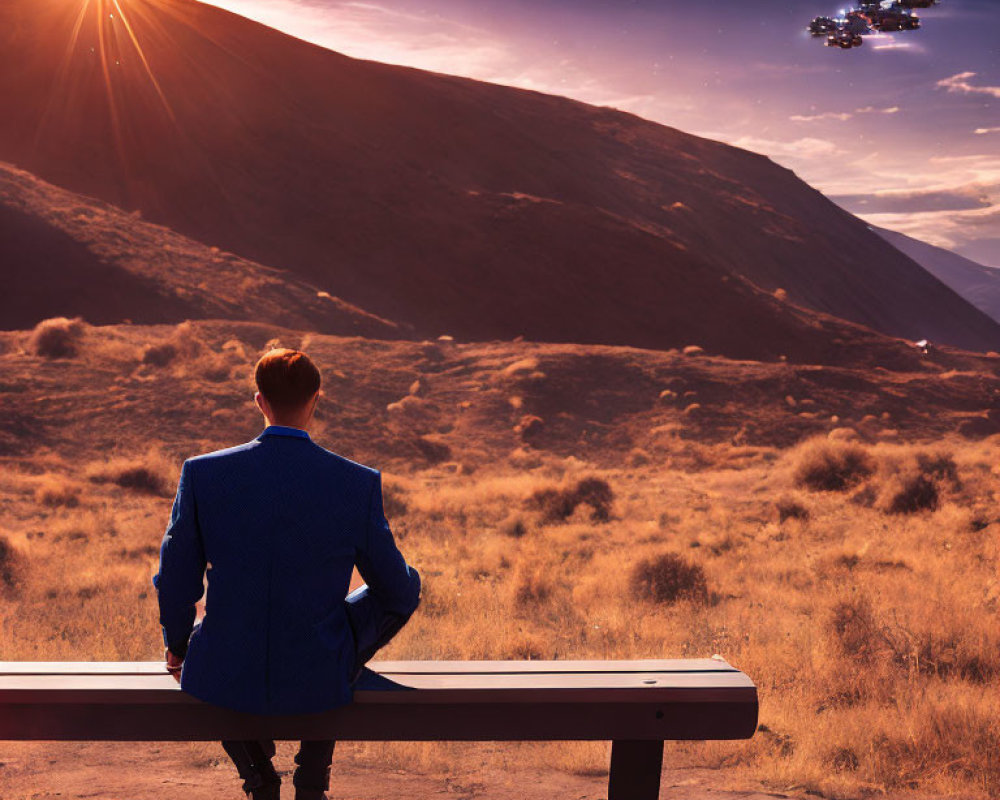 Man in Blue Suit Watching Sunset with Drones Flying over Scenic Landscape