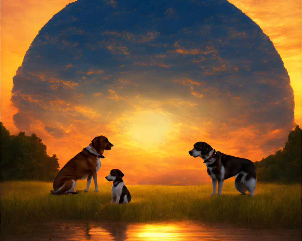 Three dogs by lakeside at sunset with looming shadow - serene and surreal.