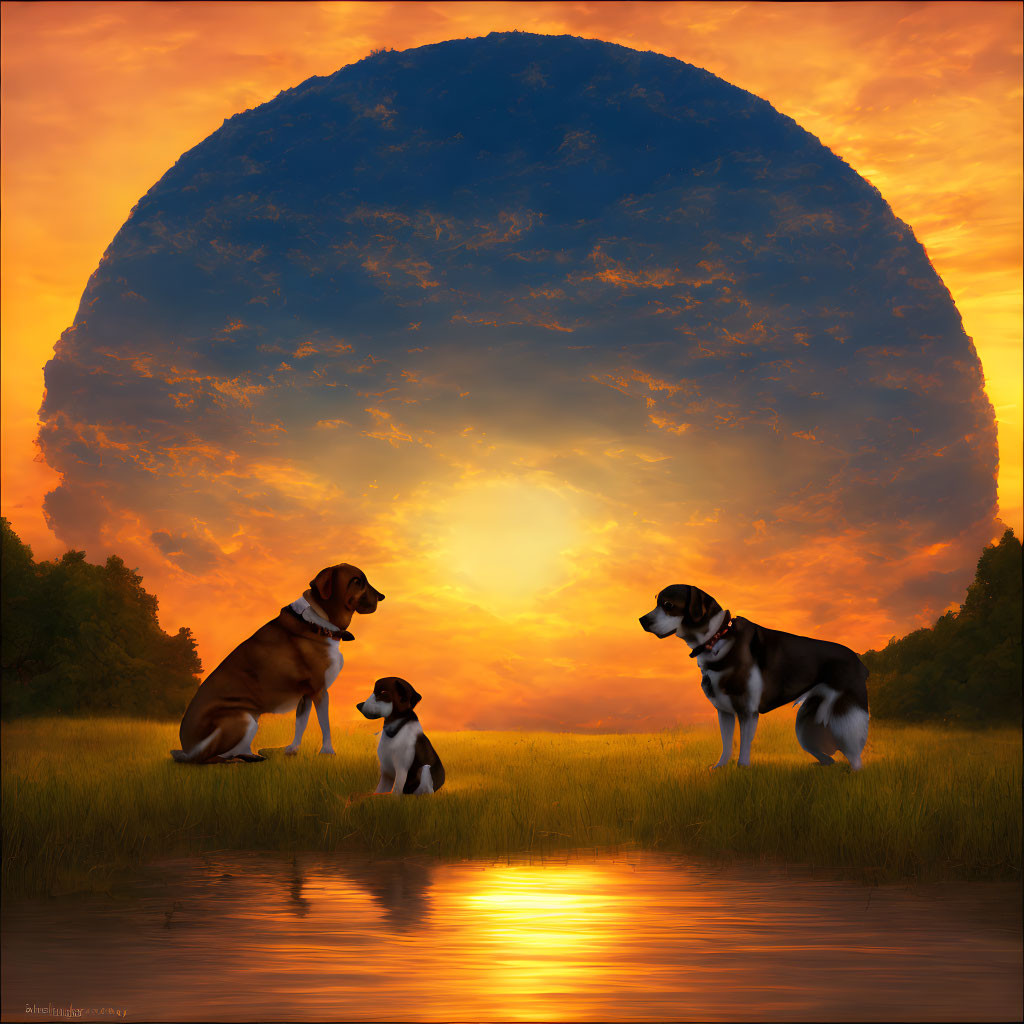 Three dogs by lakeside at sunset with looming shadow - serene and surreal.