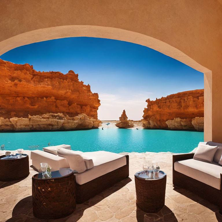 Seaside Lounge Area with Plush Seating Overlooking Blue Lagoon