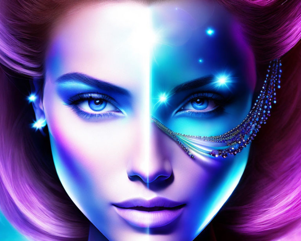 Colorful digital portrait of a woman blending cosmic and human elements