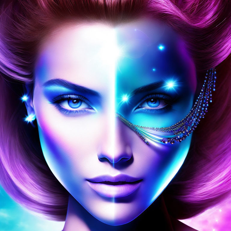 Colorful digital portrait of a woman blending cosmic and human elements