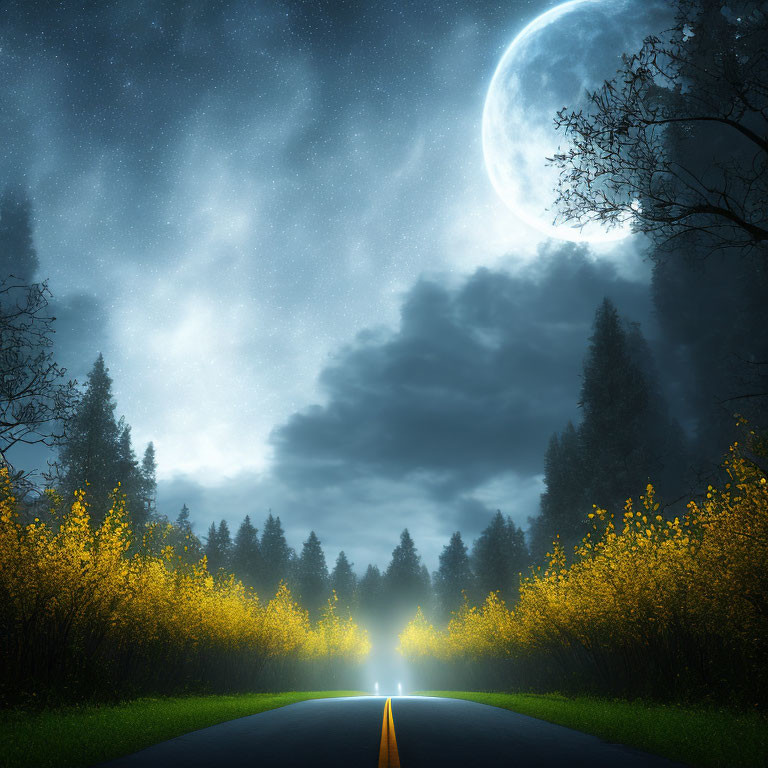 Tranquil night landscape with full moon, starry sky, wildflowers, and dark forest