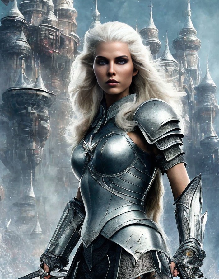 Long White-Haired Woman in Silver Armor with Medieval Citadel Background