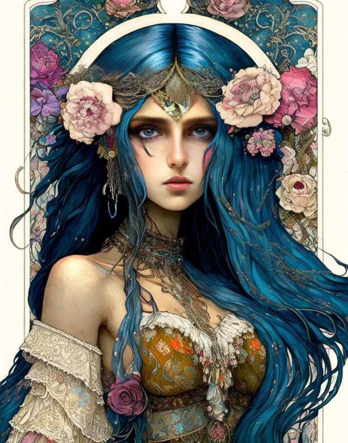 Fantasy female portrait with blue hair and floral headdress surrounded by art nouveau design.