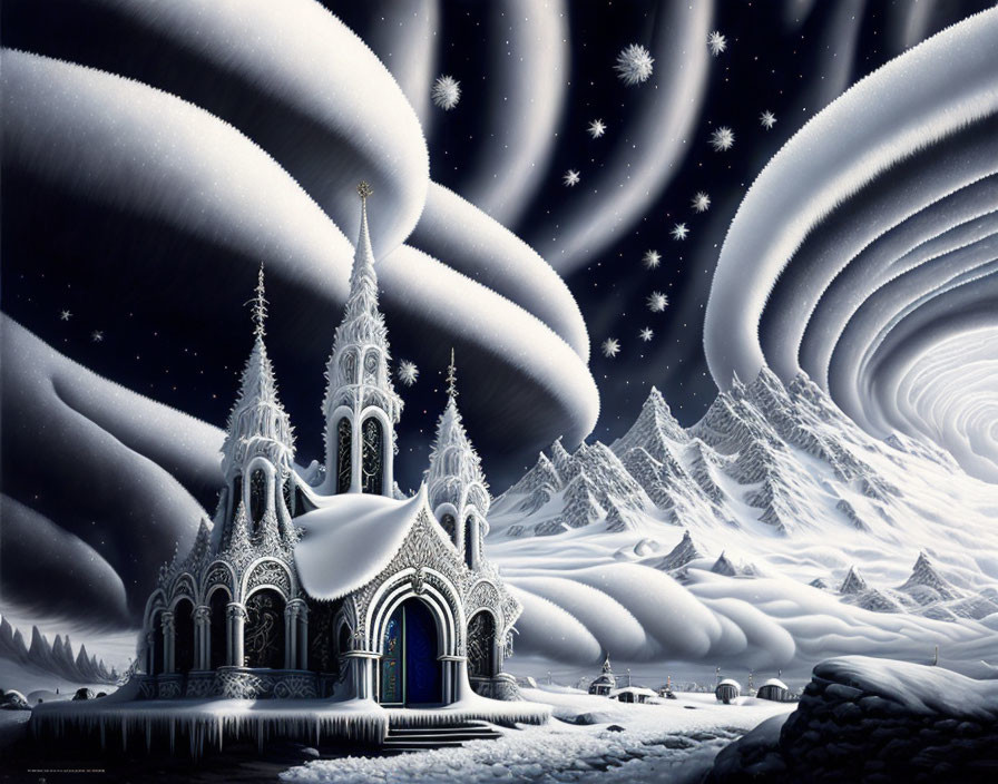 Fantasy Winter Landscape: Gothic Castle, Snowy Mountains, Starry Sky