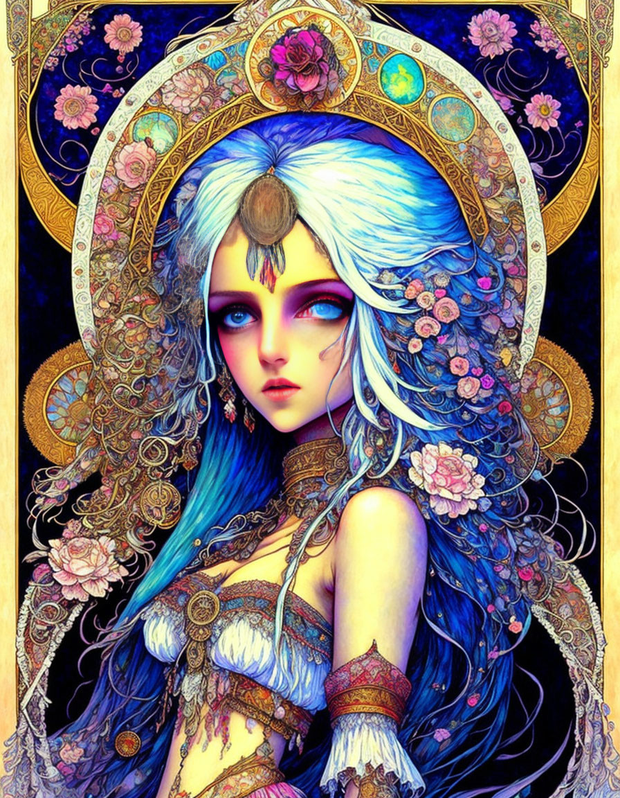 Colorful illustration of blue-haired female with gold halo and floral motifs