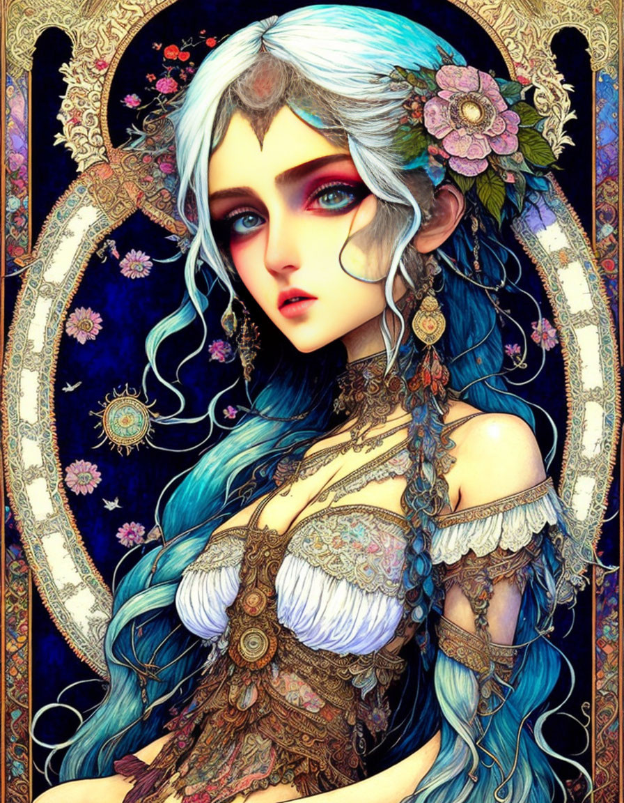 Detailed fantasy female character with blue hair in ornate attire and floral headdress on mandala background