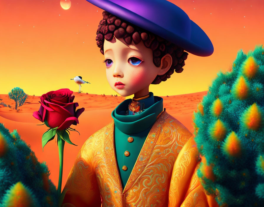 Illustration of melancholic child in colorful attire with bird and rose.
