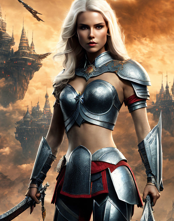 White-Haired Woman in Fantasy Armor with Sword and Dark Castle Sky