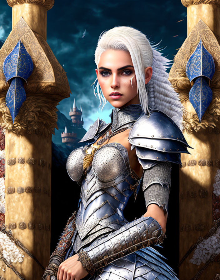 Female warrior with white hair in silver armor against fantasy castle.