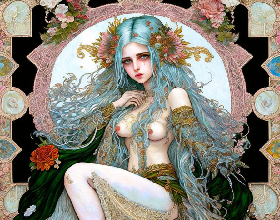 Fantasy artwork: Woman with blue hair & golden headdress, surrounded by floral motifs.