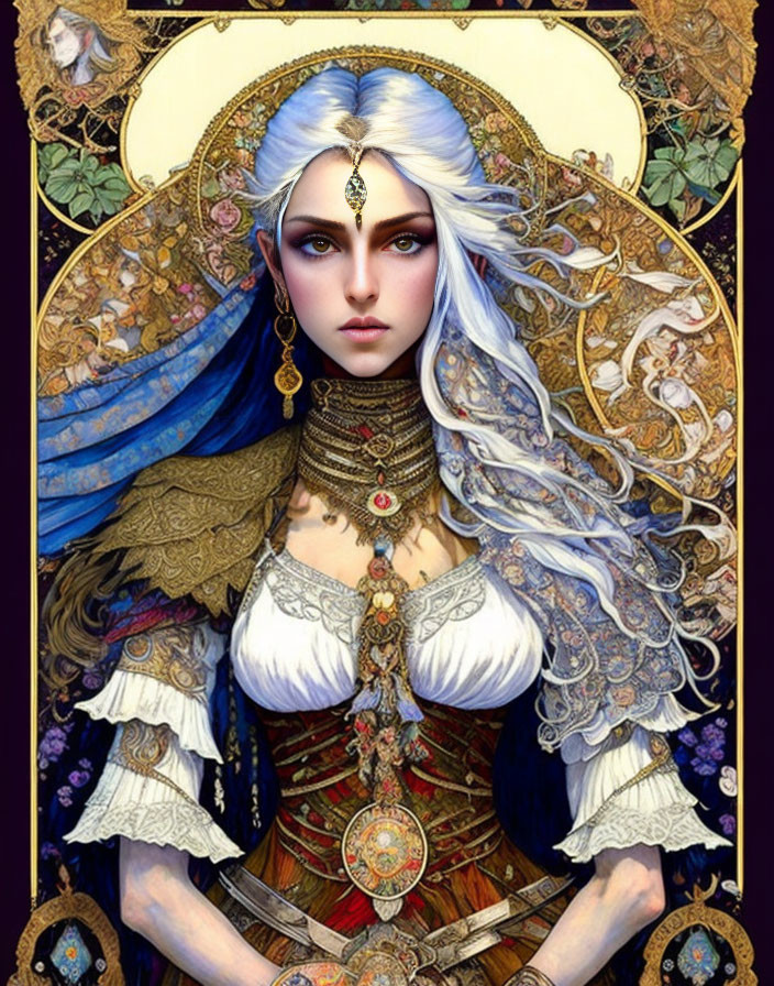 Ethereal woman with pale skin and blue eyes in ornate gold headpiece