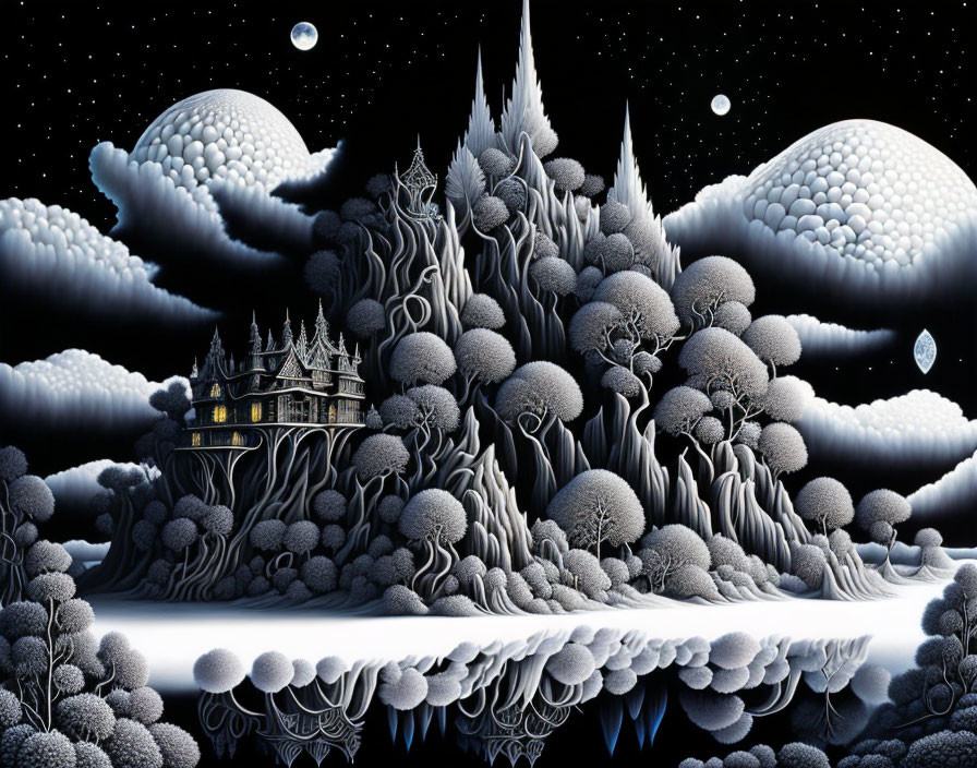 Detailed Surreal Black-and-White Landscape with Fantasy Castle and Organic Forms