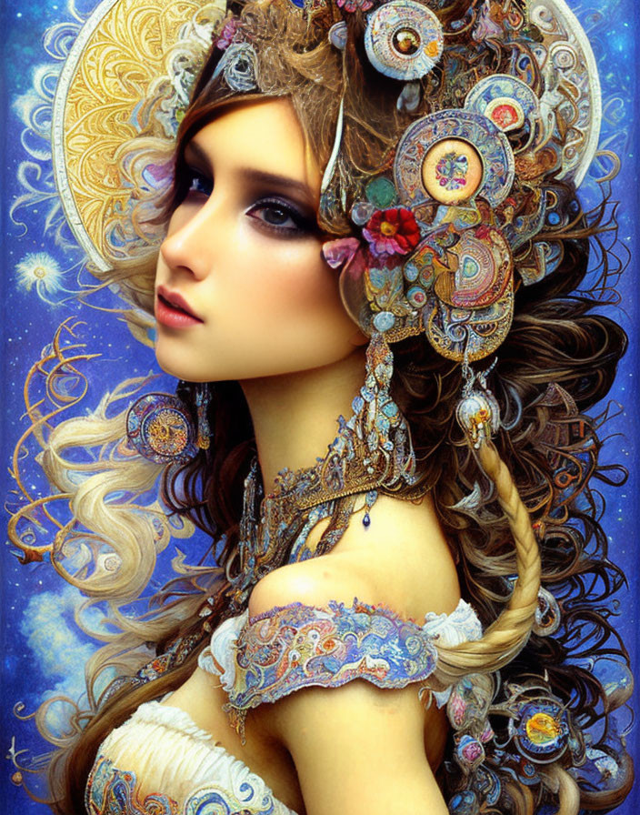 Elaborate Fantasy Portrait with Golden Headpieces and Celestial Background