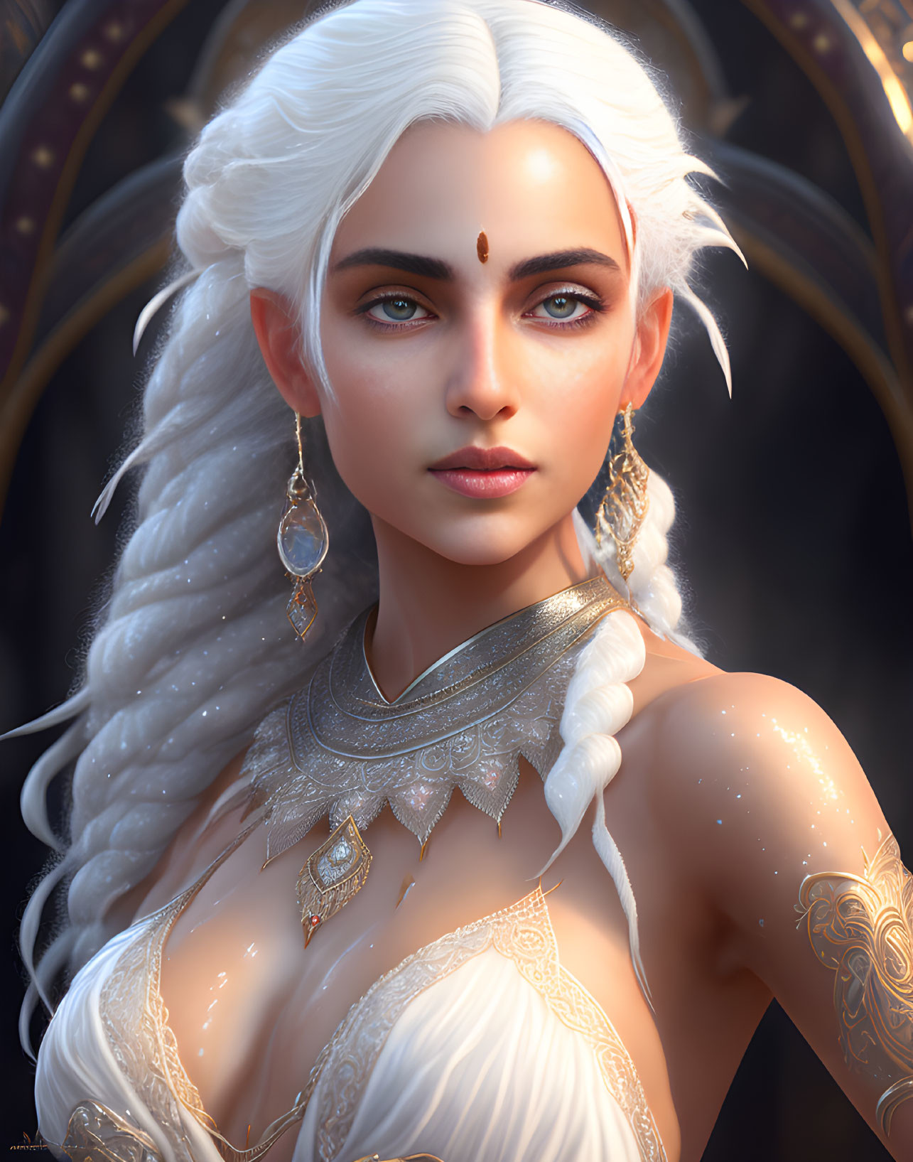 Fantasy female character with white hair, blue eyes, gold jewelry, and shoulder tattoo