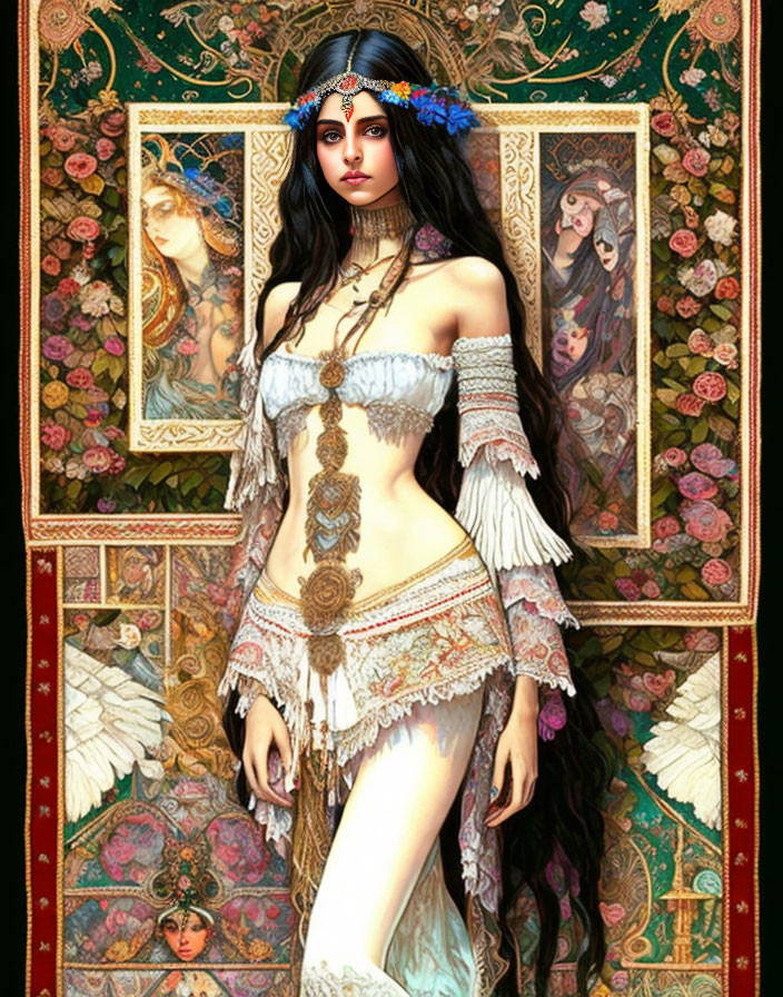 Digital artwork featuring woman with long black hair and ornate headpiece in white fringed outfit against tape