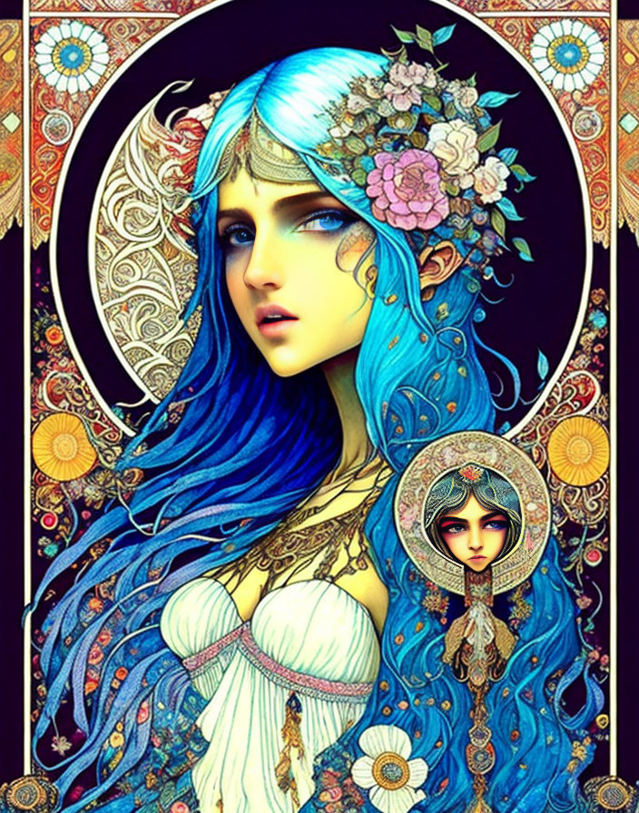 Vibrant woman with blue hair and floral adornments in intricate decorative setting.