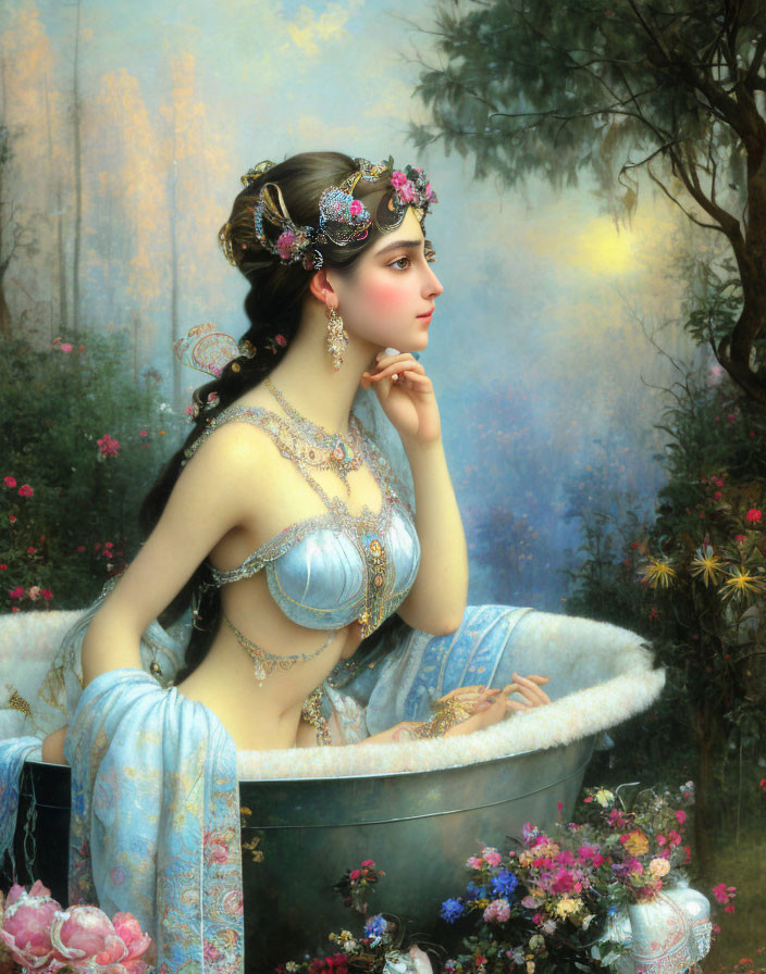 Elegant woman with headdress and jewelry in floral setting