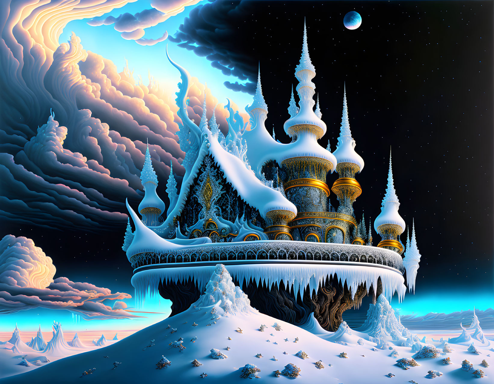 Snowy landscape with ornate temple on elevated platform amid icy trees and swirling sky.