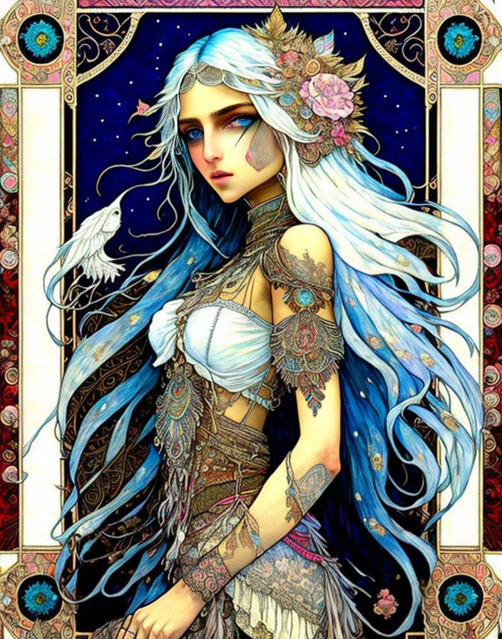 Illustrated female figure with blue hair and white bird against starry background