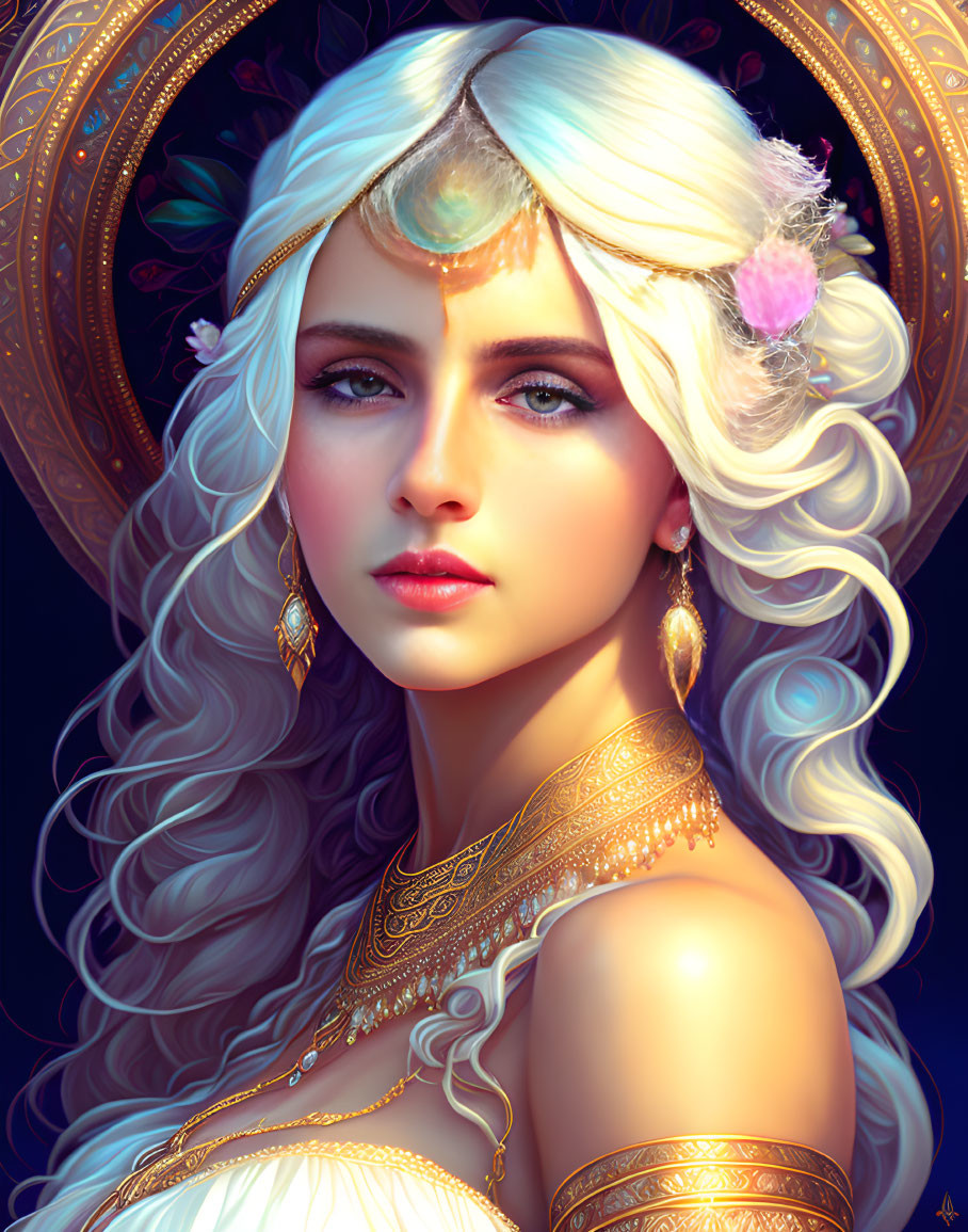 Detailed illustration of woman with long white hair and gold jewelry on dark background