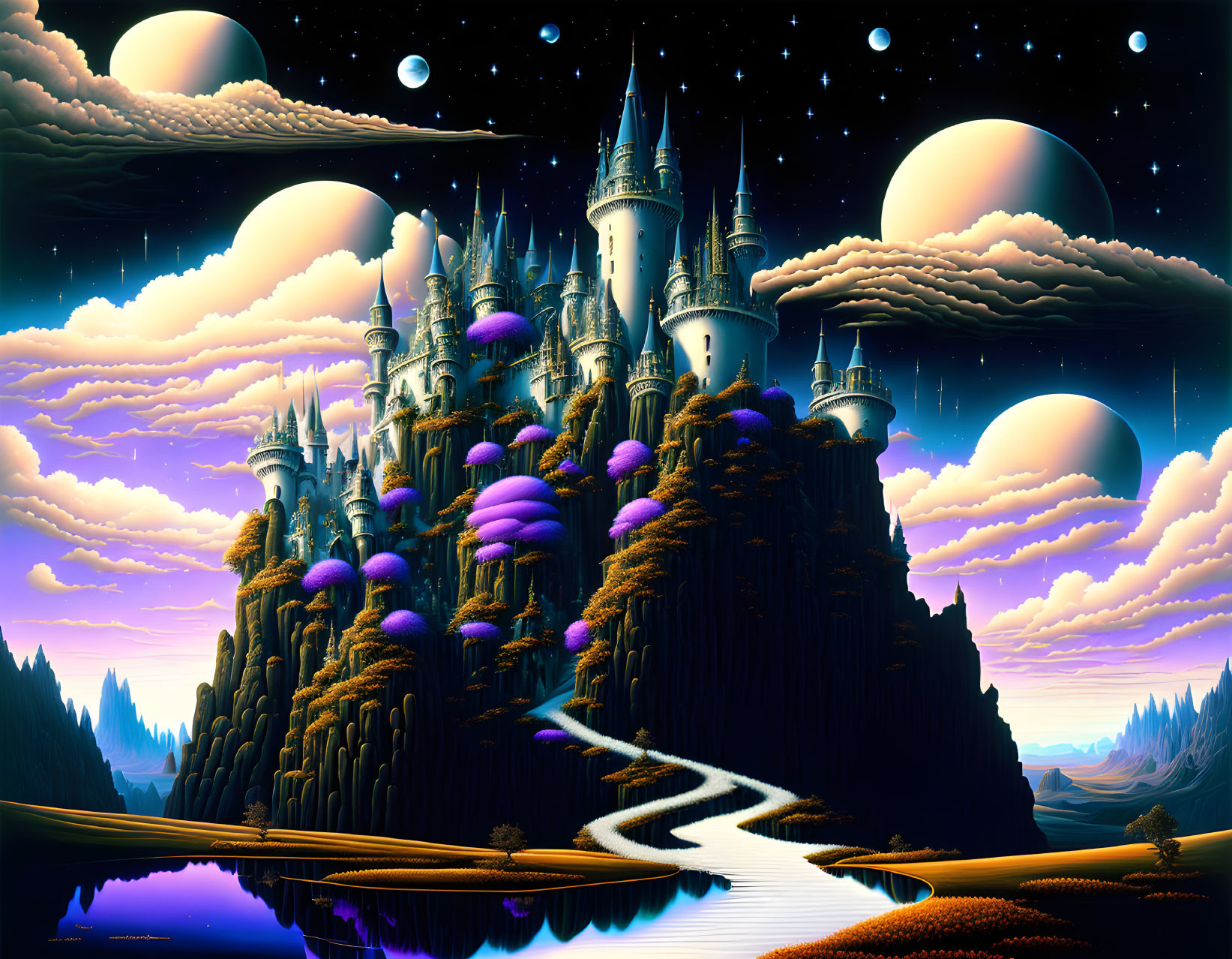 Fantastical castle on rocky peak with purple foliage and multiple moons in twilight sky