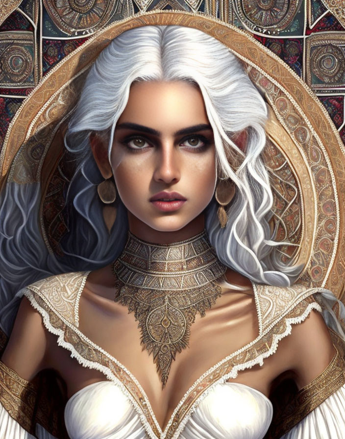 Fictional woman portrait with white hair and ornate jewelry against mosaic background