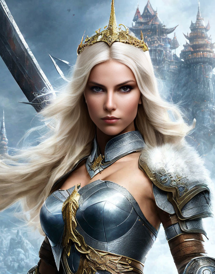 Platinum Blonde Woman in Silver Armor with Sword at Fantasy Castle