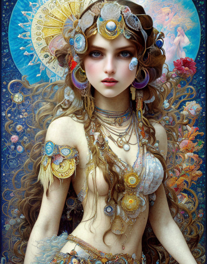 Fantasy artwork featuring woman adorned in golden jewelry and blue attire among celestial motifs.