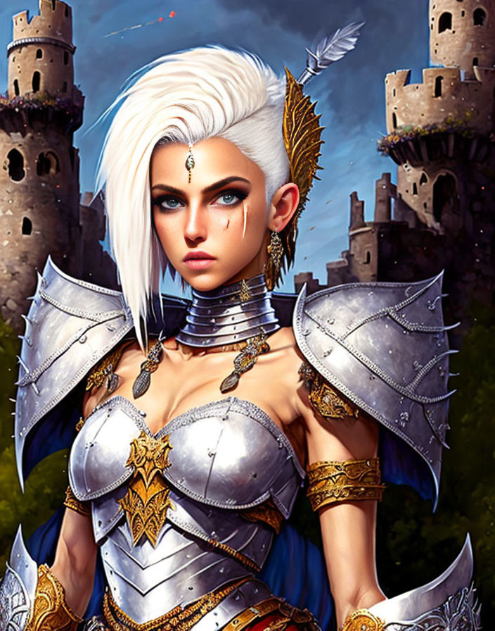 Fantasy illustration of woman in silver armor with white hair and golden headpiece against castle backdrop