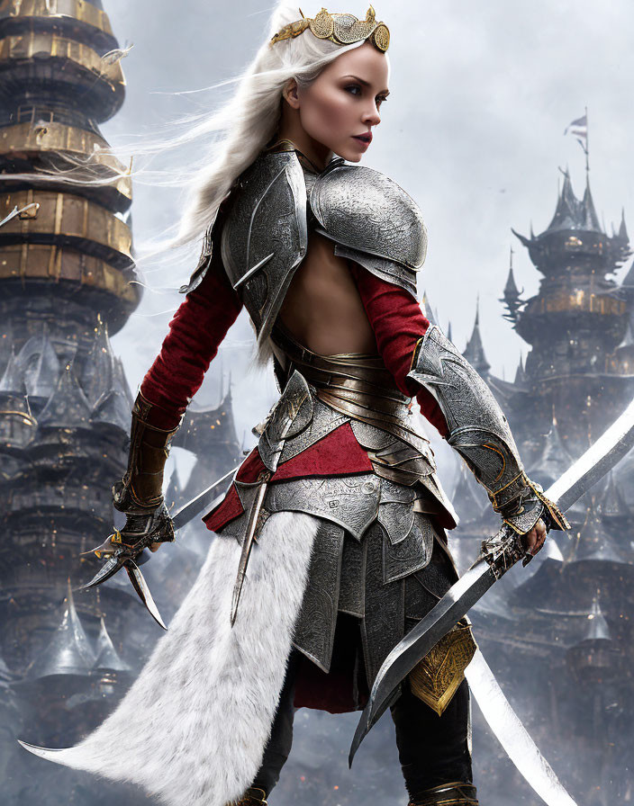 Medieval armor-clad woman with sword in front of castle.