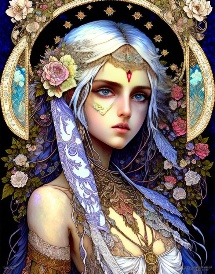 Illustration of mystical female figure with white hair, blue eyes, golden halo, tattoos, against floral