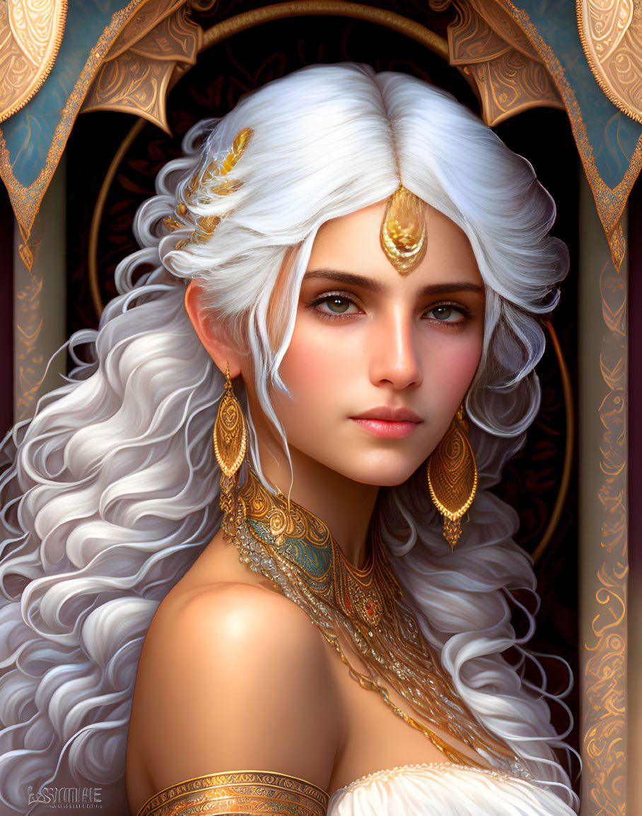 Portrait of woman with long white hair, elf ears, gold earrings, and headpiece