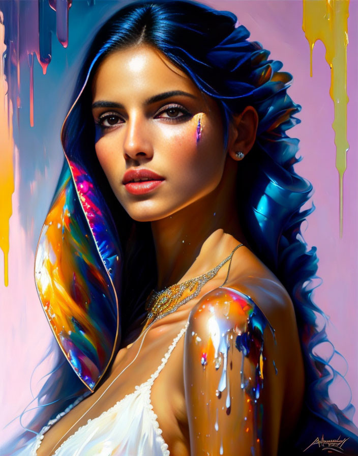 Colorful digital portrait of a woman with glossy, melted colors and iridescent highlights.