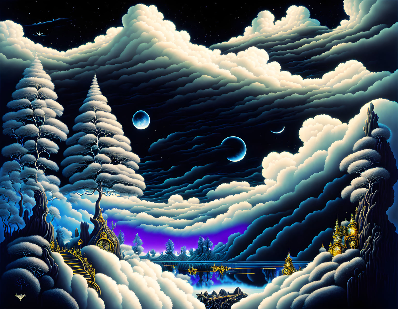 Fantastical night scene with glowing moons, stars, snowy trees, rivers, and Asian-style architecture
