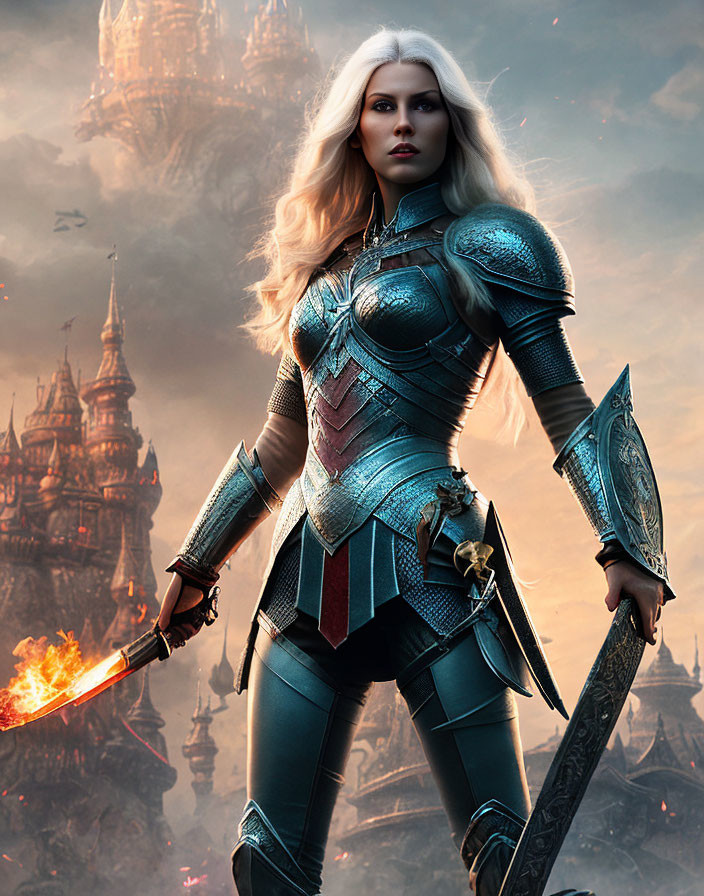 Warrior woman in blue armor with shield and flaming sword at castle backdrop