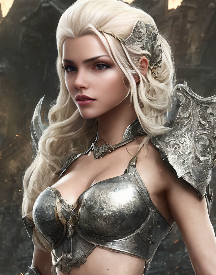 Blonde-haired female in fantasy armor with blue eyes and elven ear cuff