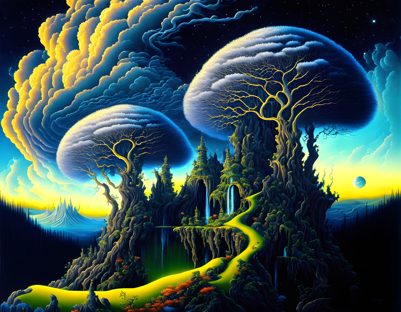 Surreal landscape with tree-like mushroom clouds, winding path, luminous river, and starry