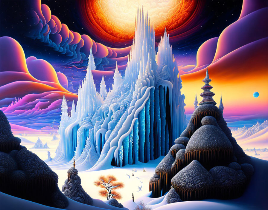 Fantastical icy landscape with ornate frozen structures under swirling cosmic sky