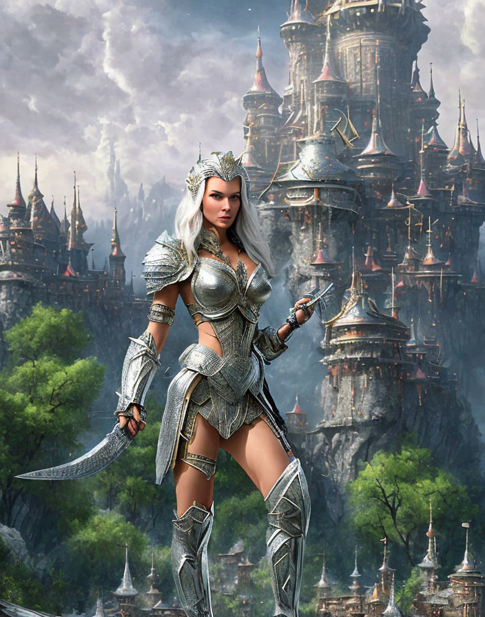 Warrior woman in silver armor with sword in front of fantasy castle