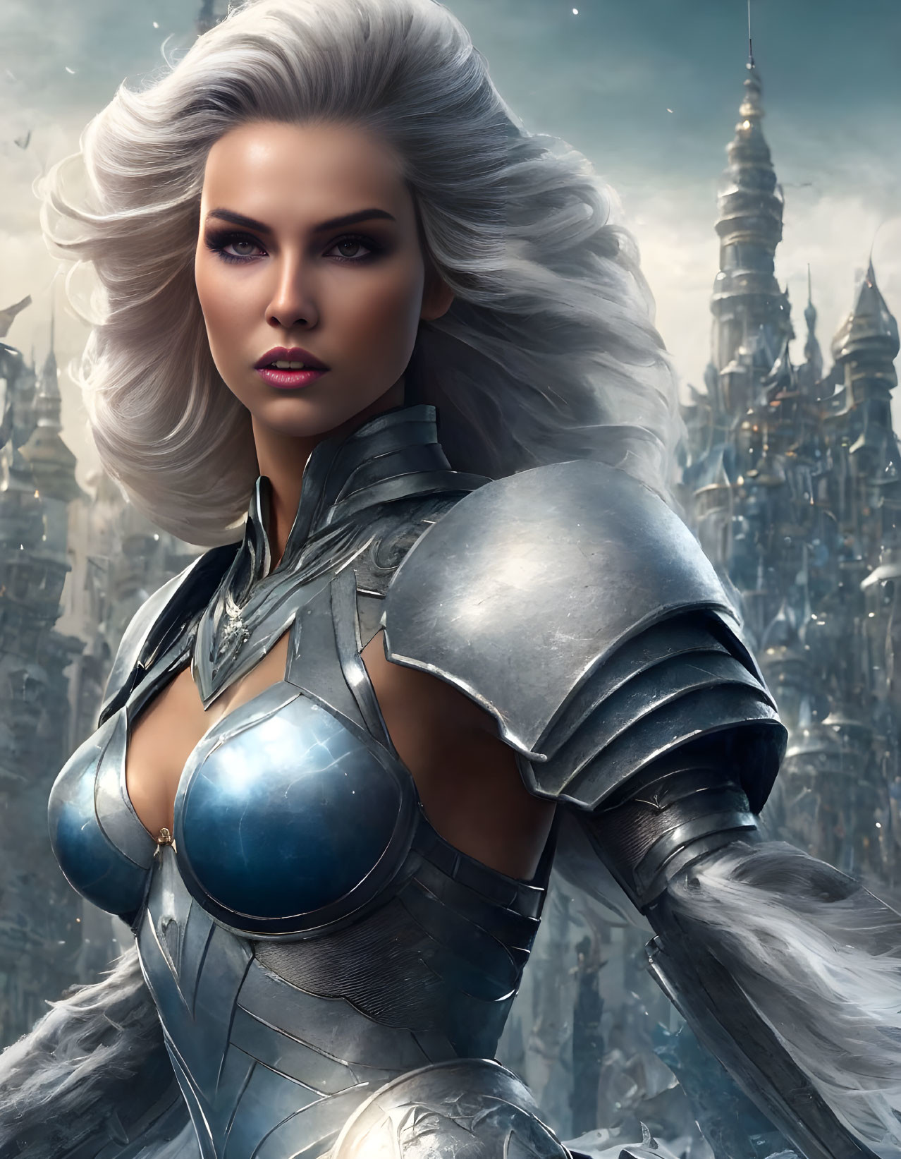 Digital portrait of woman with silver hair in futuristic armor, set against fantasy cityscape