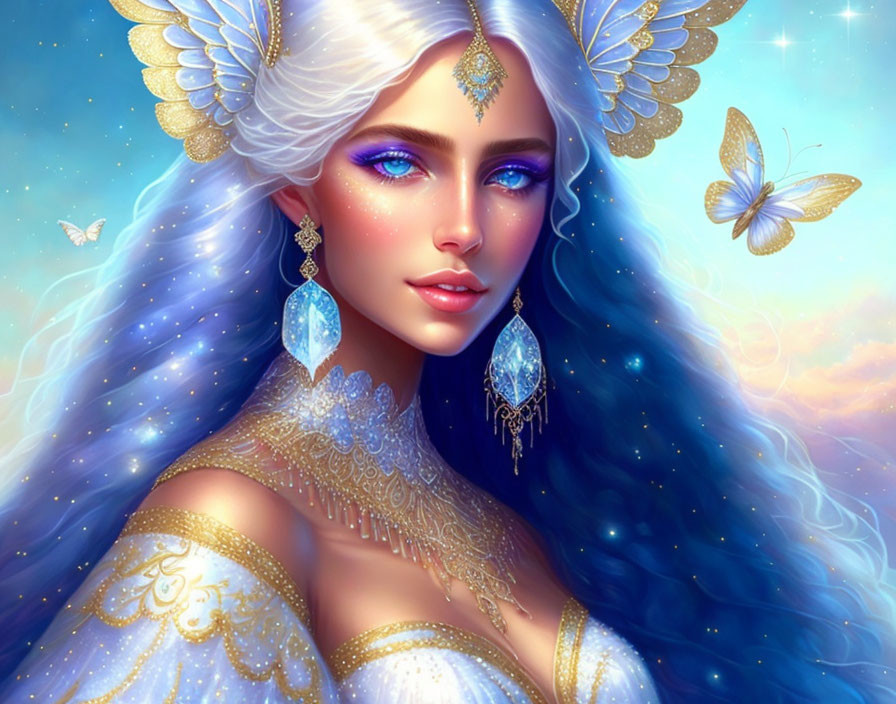 Fantasy illustration: Woman with blue eyes, wavy hair, golden headdress, earrings, and