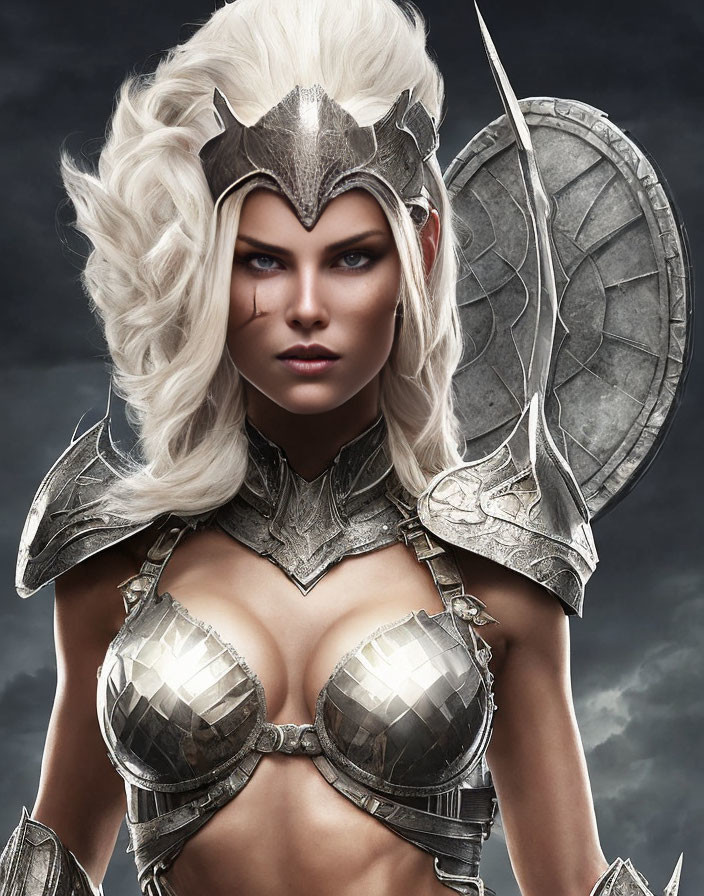 Fierce woman in silver armor with blue eyes and blonde hair