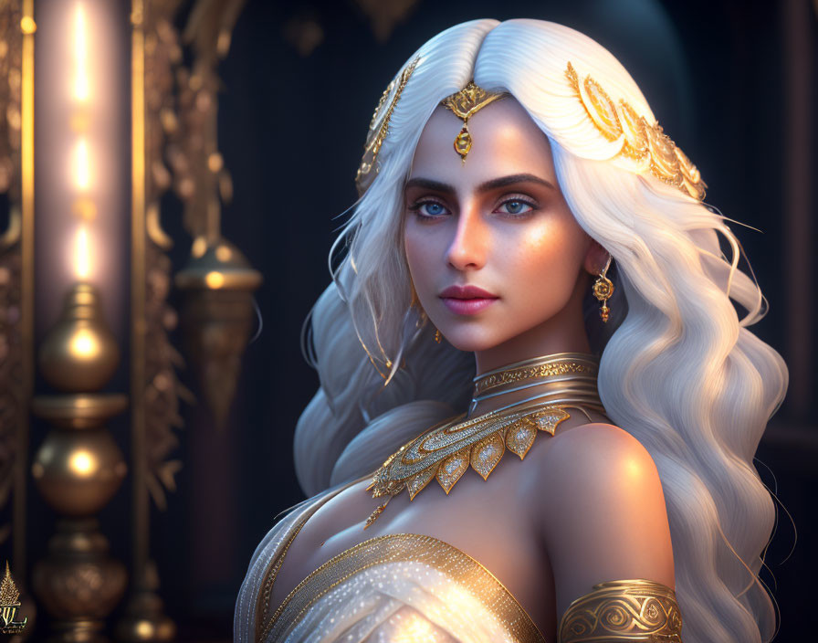 Regal woman with white hair and blue eyes in golden jewelry and headpiece.