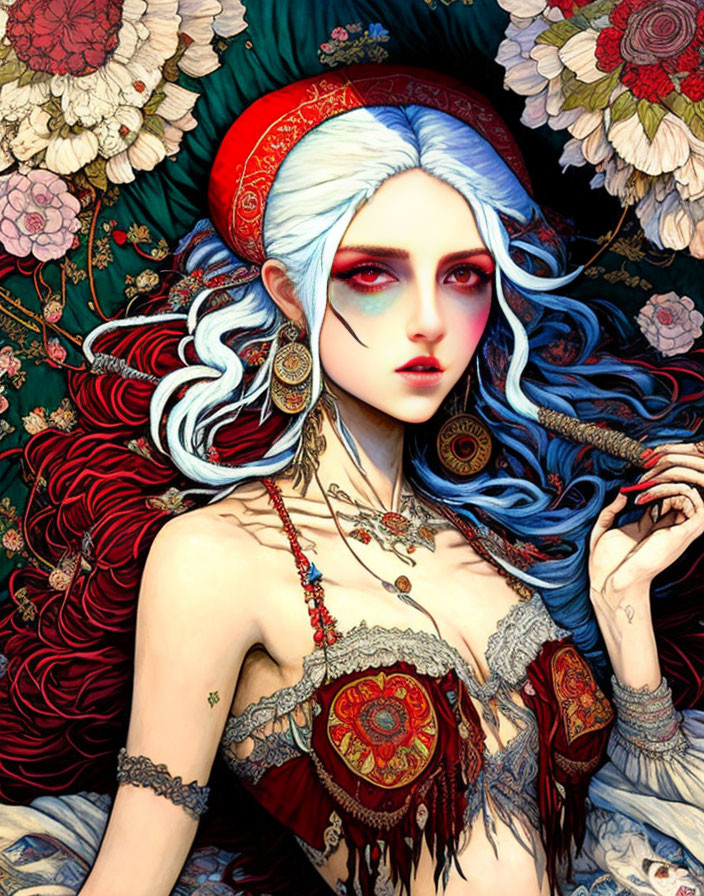 Illustration of woman with silver hair, red headwear, surrounded by colorful flowers and red textures