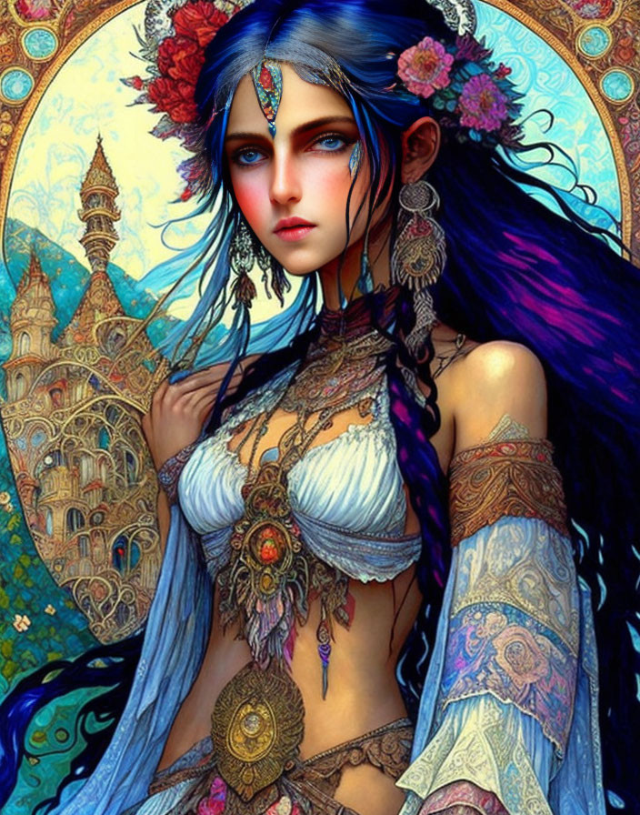 Fantasy Woman Illustration with Blue Hair and Ornate Clothing