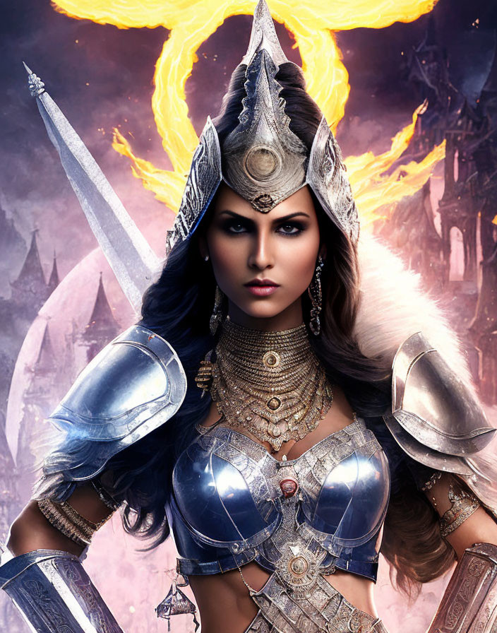 Female warrior in silver armor before fiery eclipse and fantastical landscape