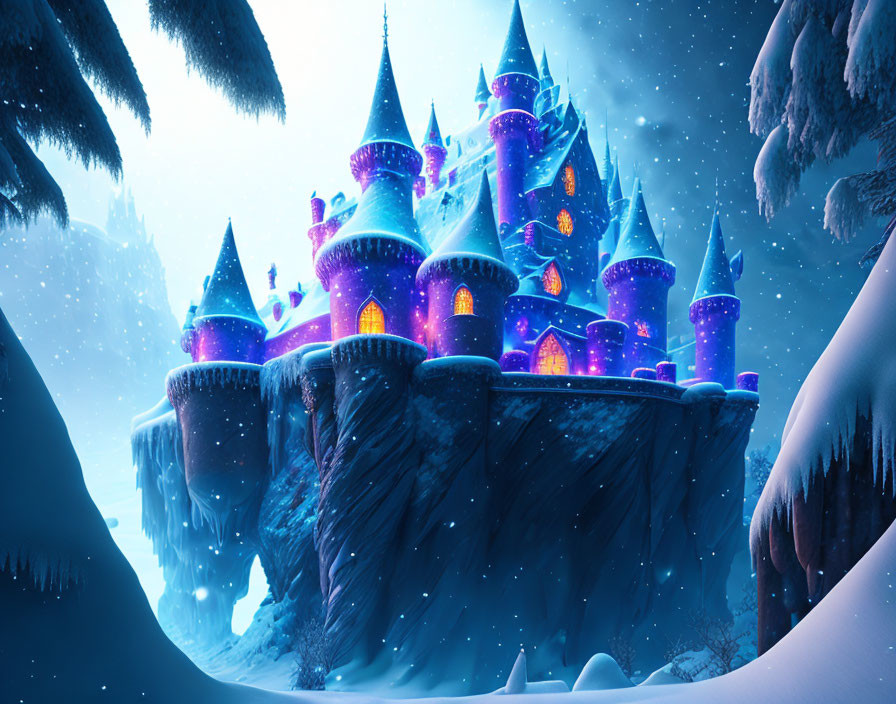 Enchanting Winter Castle on Snowy Cliff at Night